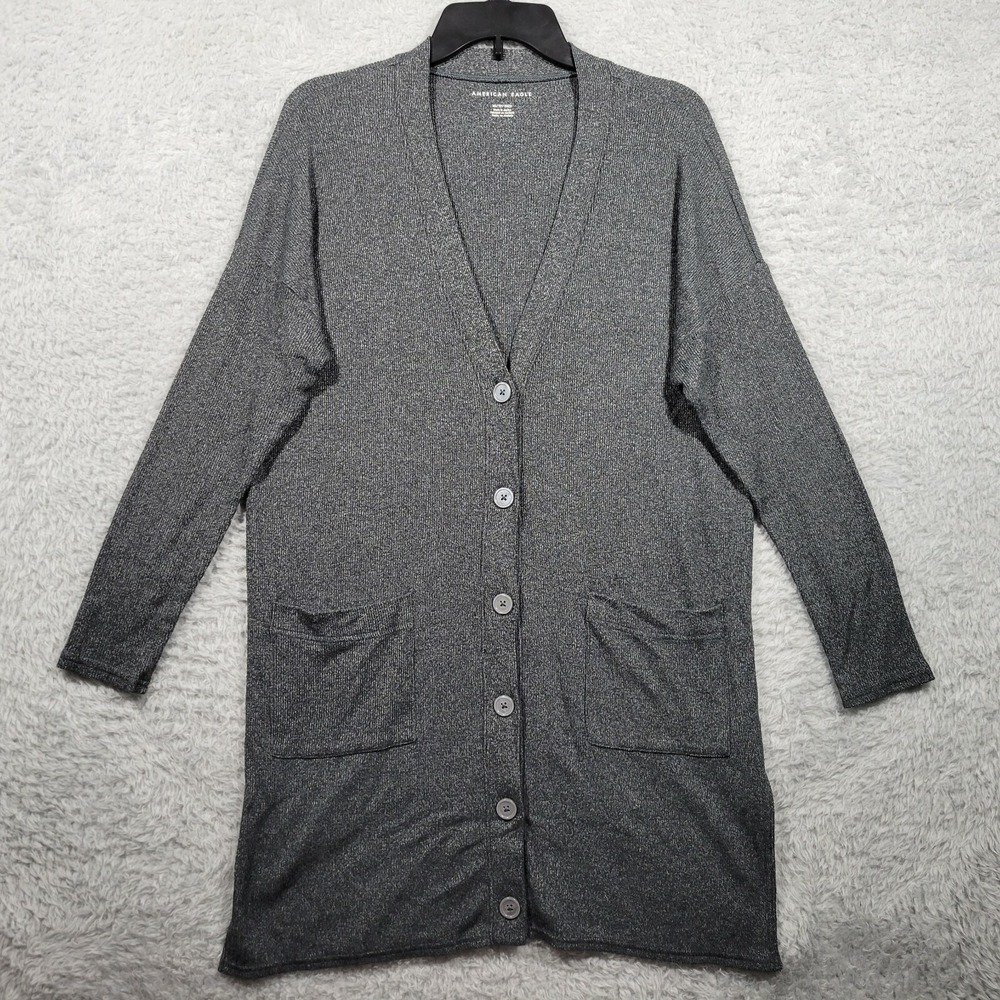 American Eagle Cardigan Women XS Grey Longline Button Front Ribbed Knit Pockets